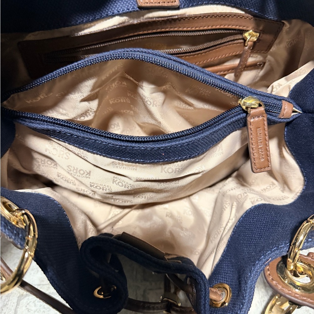 Michael Kors cinch sak bag hand bag blue and brown new no tags - Picture 11 of 11